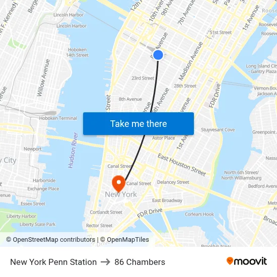 New York Penn Station to 86 Chambers map