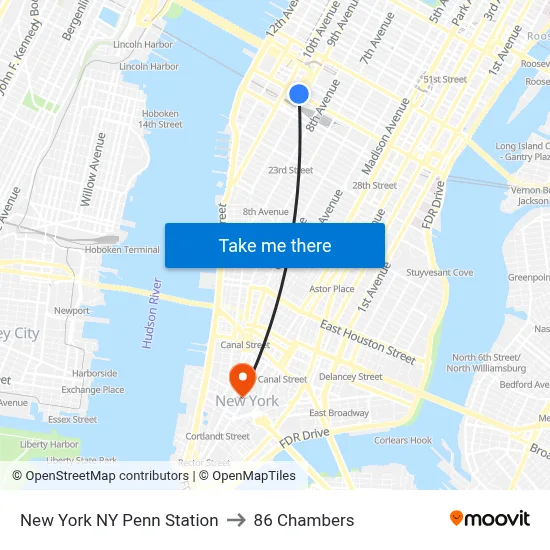 New York NY Penn Station to 86 Chambers map