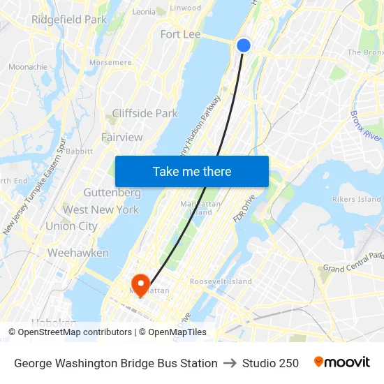 George Washington Bridge Bus Station to Studio 250 map