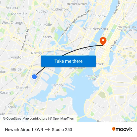 Newark Airport EWR to Studio 250 map