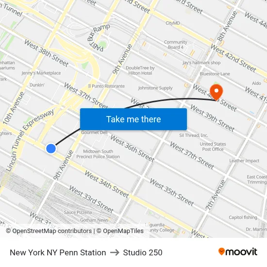 New York NY Penn Station to Studio 250 map