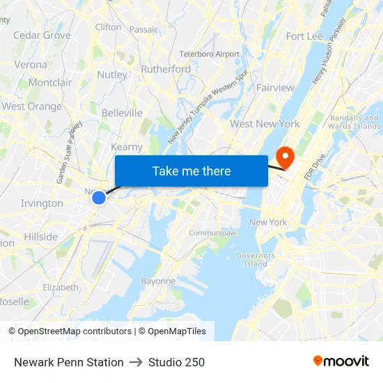 Newark Penn Station to Studio 250 map