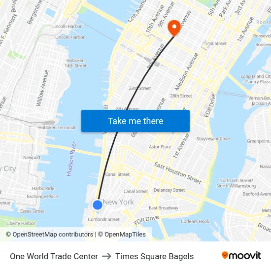 One World Trade Center to Times Square Bagels map