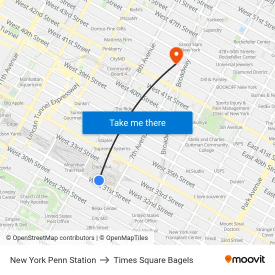 New York Penn Station to Times Square Bagels map