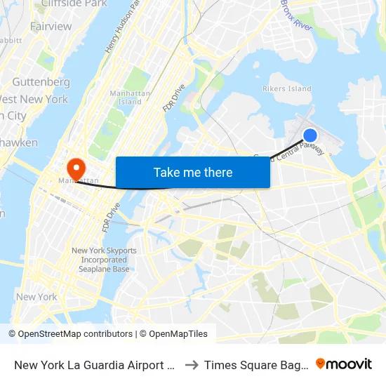 New York La Guardia Airport LGA to Times Square Bagels map