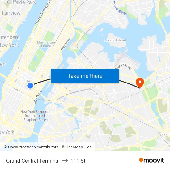 Grand Central Terminal to 111 St map