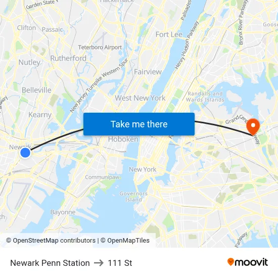 Newark Penn Station to 111 St map