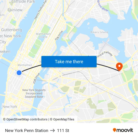 New York Penn Station to 111 St map