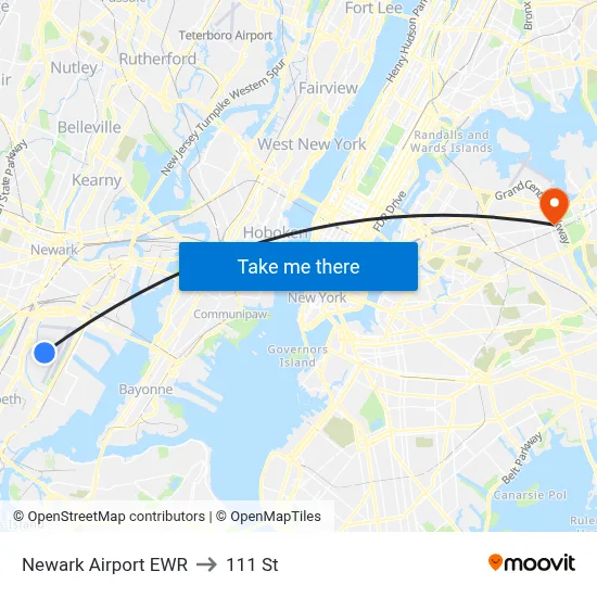 Newark Airport EWR to 111 St map