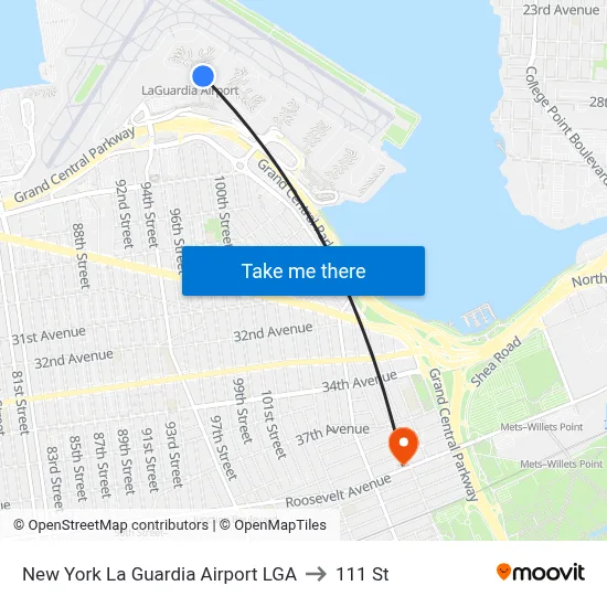 New York La Guardia Airport LGA to 111 St map