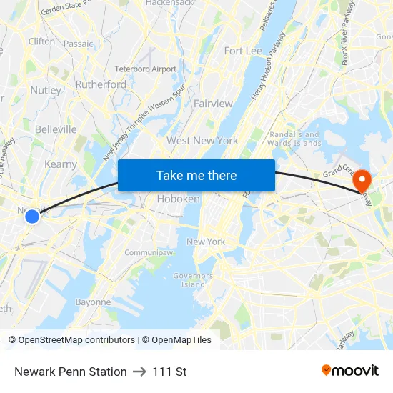Newark Penn Station to 111 St map