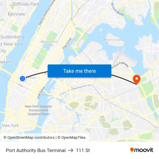 Port Authority Bus Terminal to 111 St map