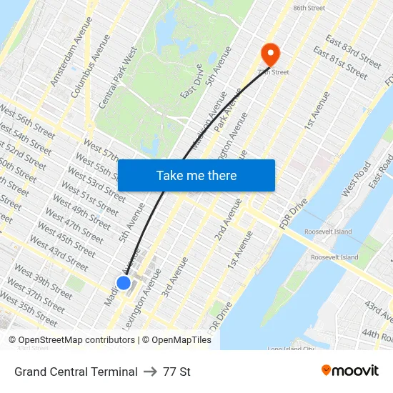 Grand Central Terminal to 77 St map