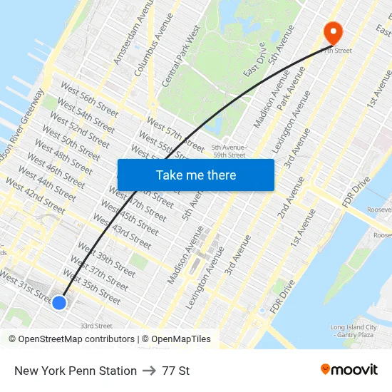 New York Penn Station to 77 St map