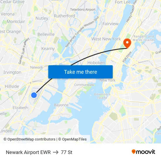 Newark Airport EWR to 77 St map