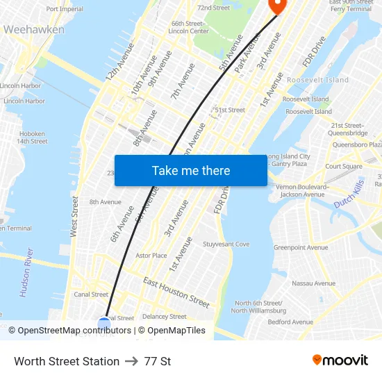 Worth Street Station to 77 St map