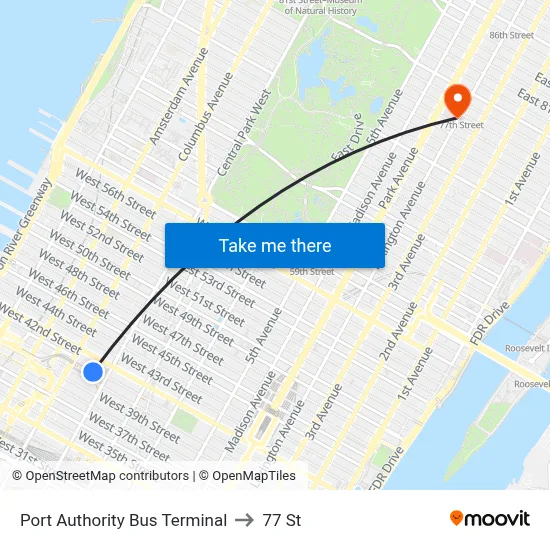 Port Authority Bus Terminal to 77 St map