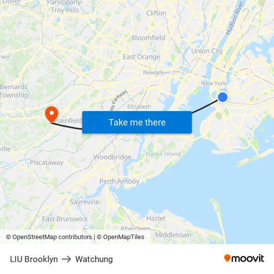 LIU Brooklyn to Watchung map
