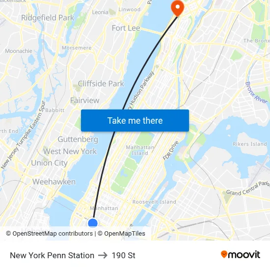 New York Penn Station to 190 St map