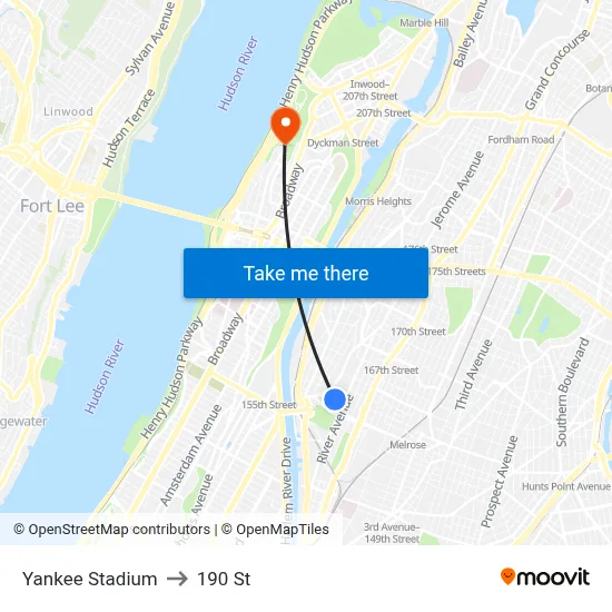 Yankee Stadium to 190 St map