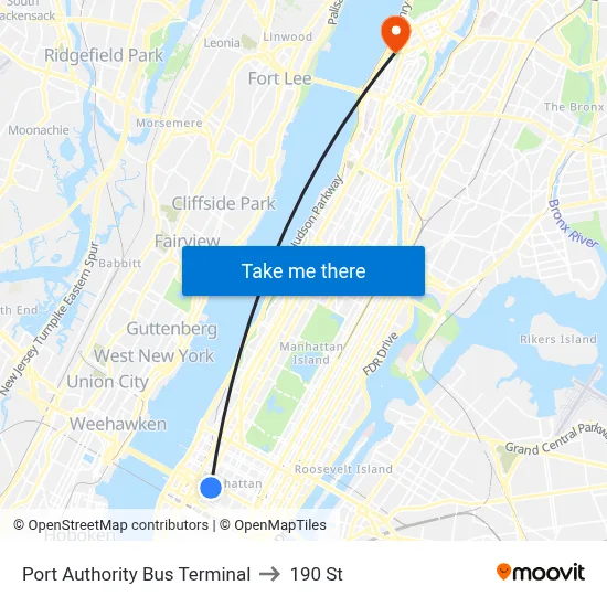 Port Authority Bus Terminal to 190 St map