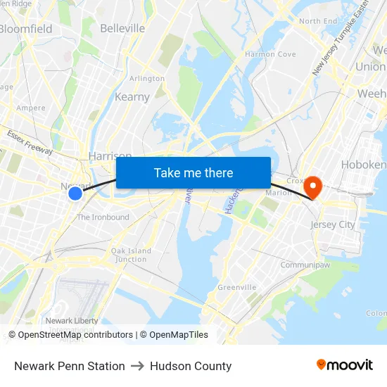 Newark Penn Station to Hudson County map