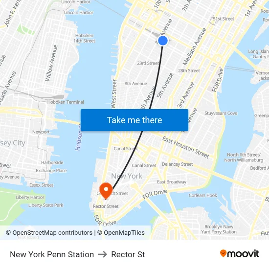 New York Penn Station to Rector St map