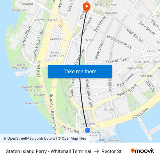 Staten Island Ferry - Whitehall Terminal to Rector St map