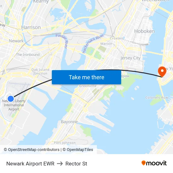Newark Airport EWR to Rector St map
