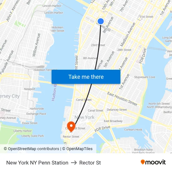 New York NY Penn Station to Rector St map