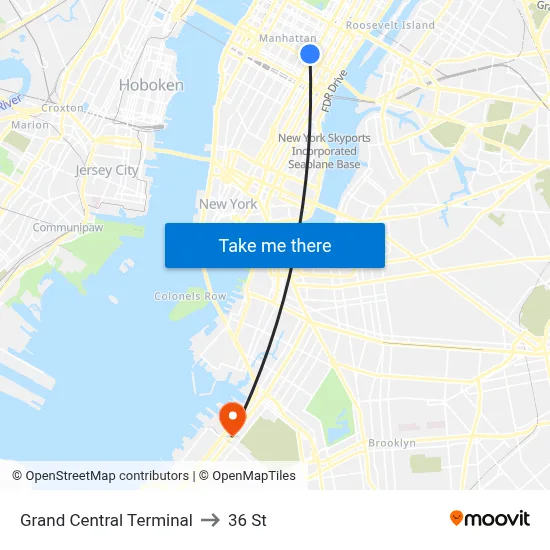 Grand Central Terminal to 36 St map