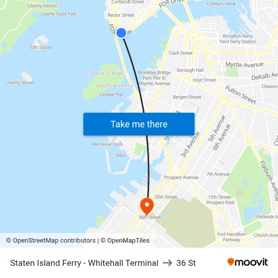 Staten Island Ferry - Whitehall Terminal to 36 St map