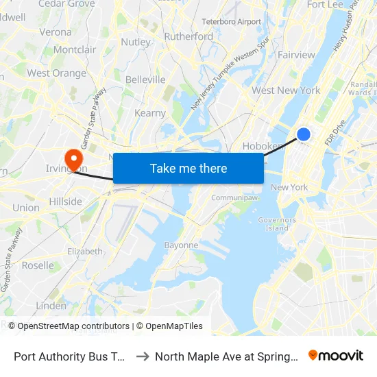 Port Authority Bus Terminal to North Maple Ave at Springfield Ave map