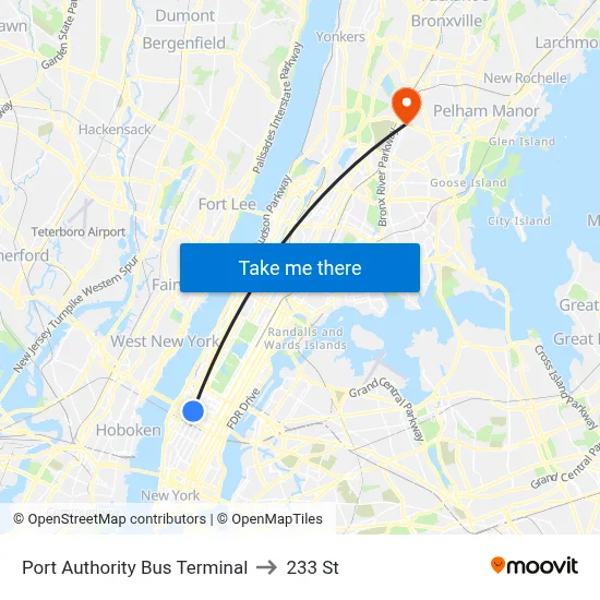 Port Authority Bus Terminal to 233 St map