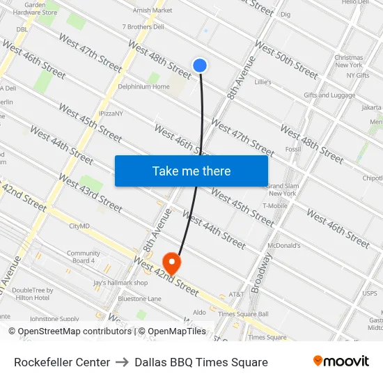 Rockefeller Center to Dallas BBQ Times Square map