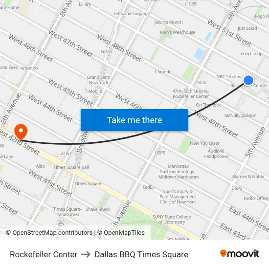Rockefeller Center to Dallas BBQ Times Square map