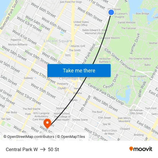 Central Park W, New York, NY 10023 to 50 St map