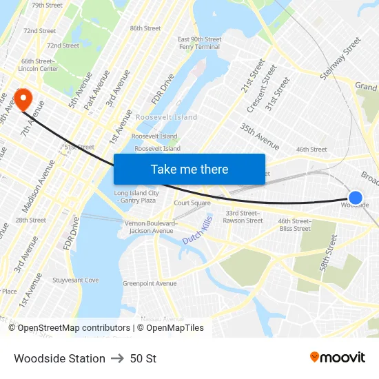 Woodside Station to 50 St map