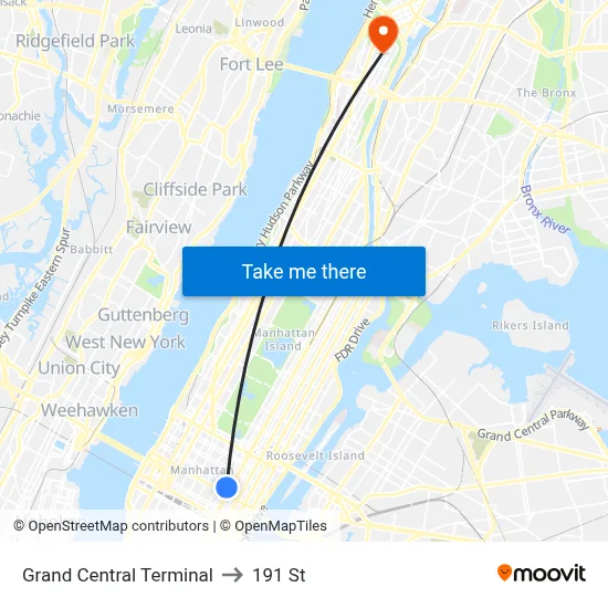 Grand Central Terminal to 191 St map