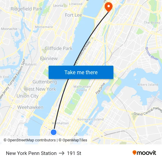 New York Penn Station to 191 St map