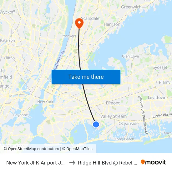 New York JFK Airport JFK to Ridge Hill Blvd @ Rebel St map