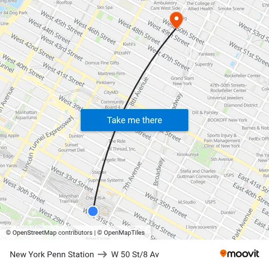 New York Penn Station to W 50 St/8 Av map