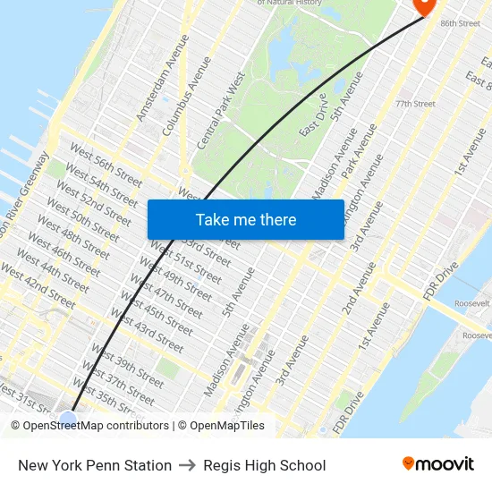 New York Penn Station to Regis High School map