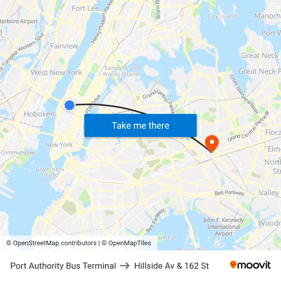 Port Authority Bus Terminal to Hillside Av & 162 St map