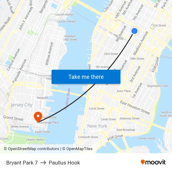 Bryant Park 7 to Paullus Hook map