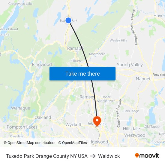 Tuxedo Park Orange County NY USA to Waldwick map