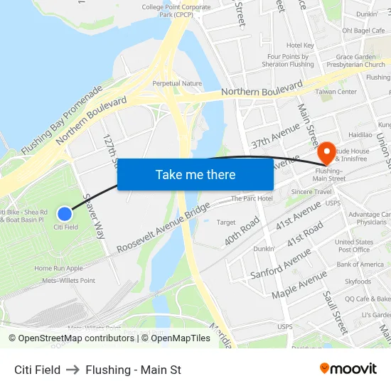 Citi Field to Flushing - Main St map