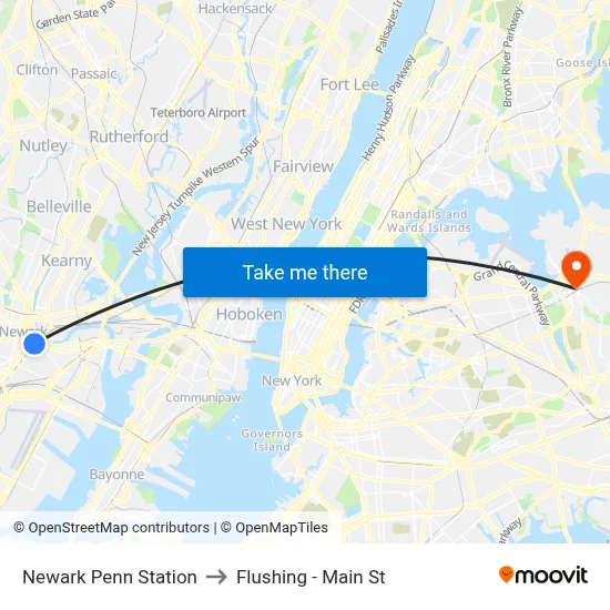 Newark Penn Station to Flushing - Main St map