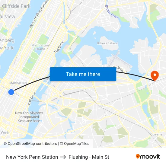 New York Penn Station to Flushing - Main St map