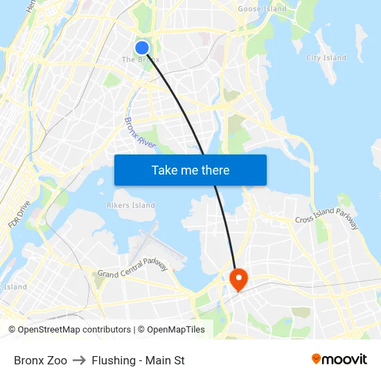 Bronx Zoo to Flushing - Main St map